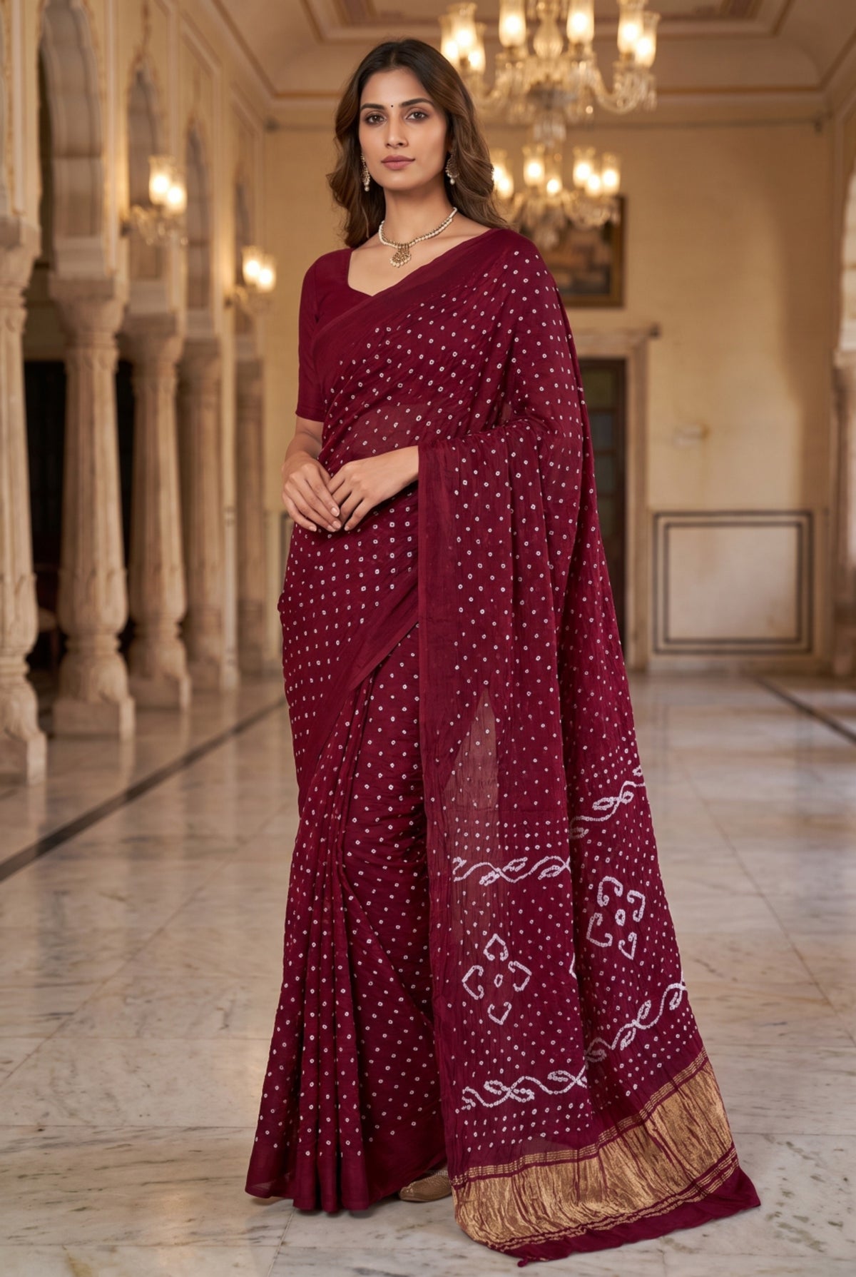 Maroon Bandhani Silk Saree with Gold Zari Pallu
