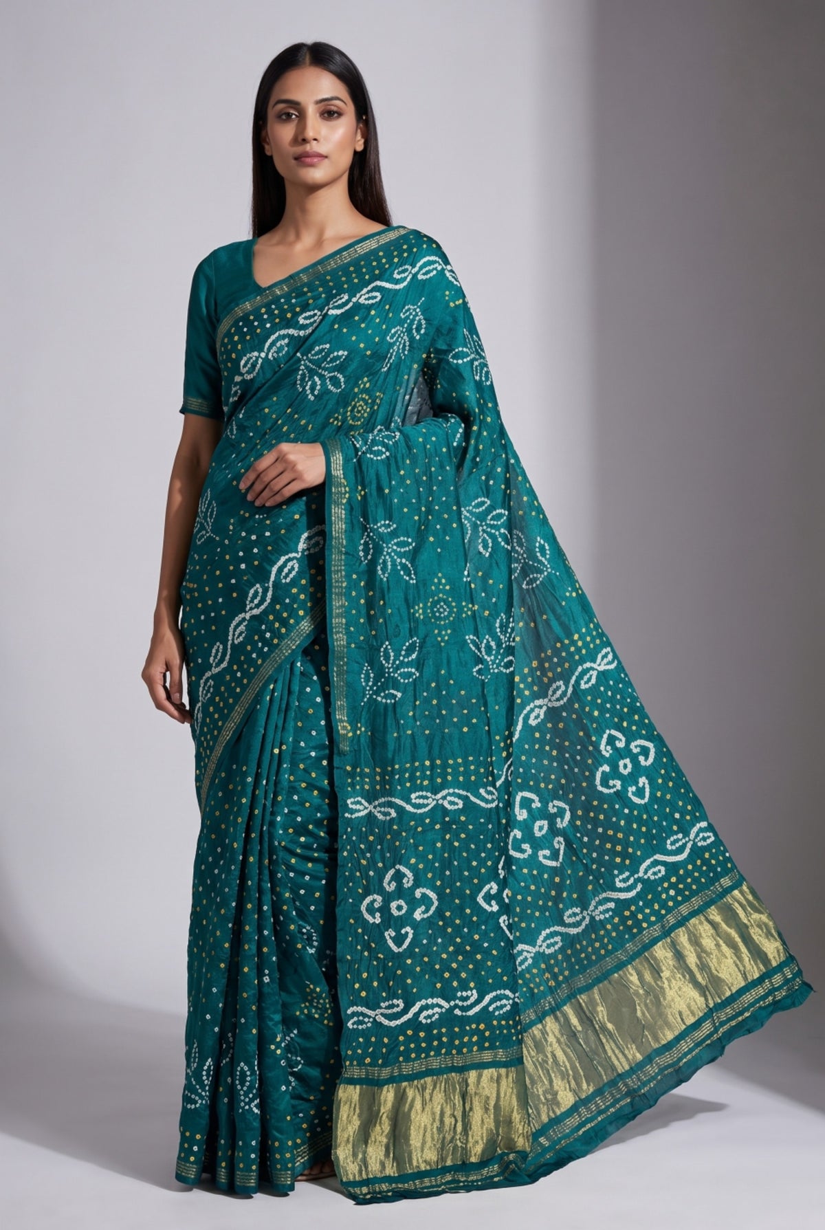 Bottle Green Bandhani Silk Saree with Gold Zari Pallu