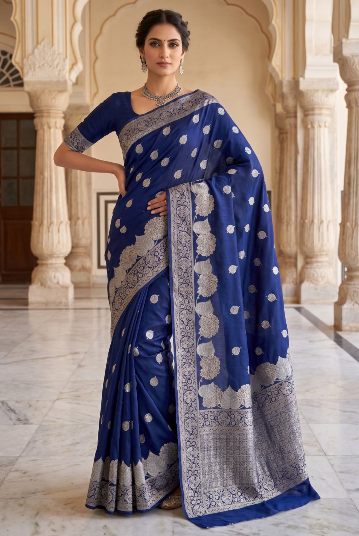 Banarasi Silk Saree with Silver Zari Leaf Motif Weaving
