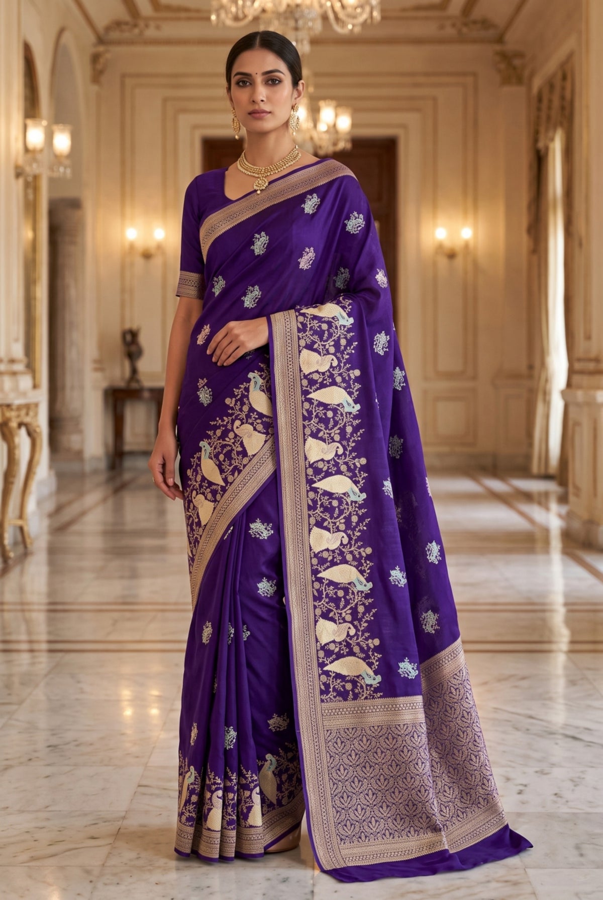 Dark Purple Banarasi Russian Silk Saree with Peacock Motif Weaving