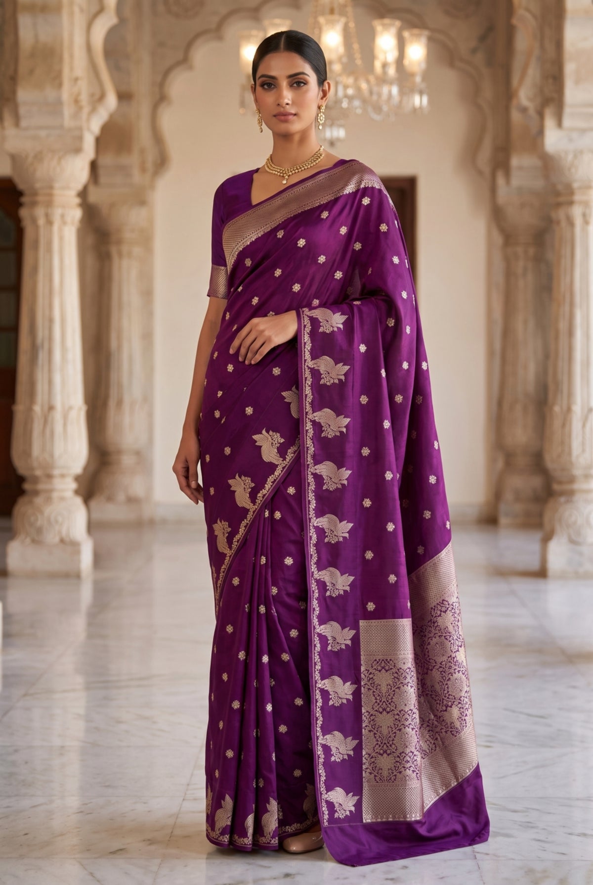 Wine Banarasi Russian Silk Saree with Zari Bird Motif Border