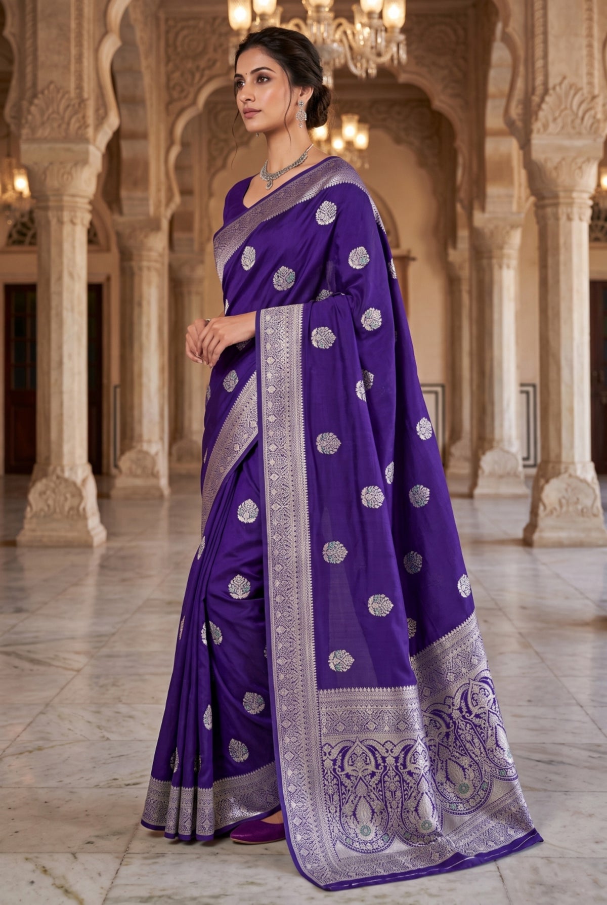 Dark Purple Banarasi Russian Silk Saree with Silver Zari Floral Booti Weaving