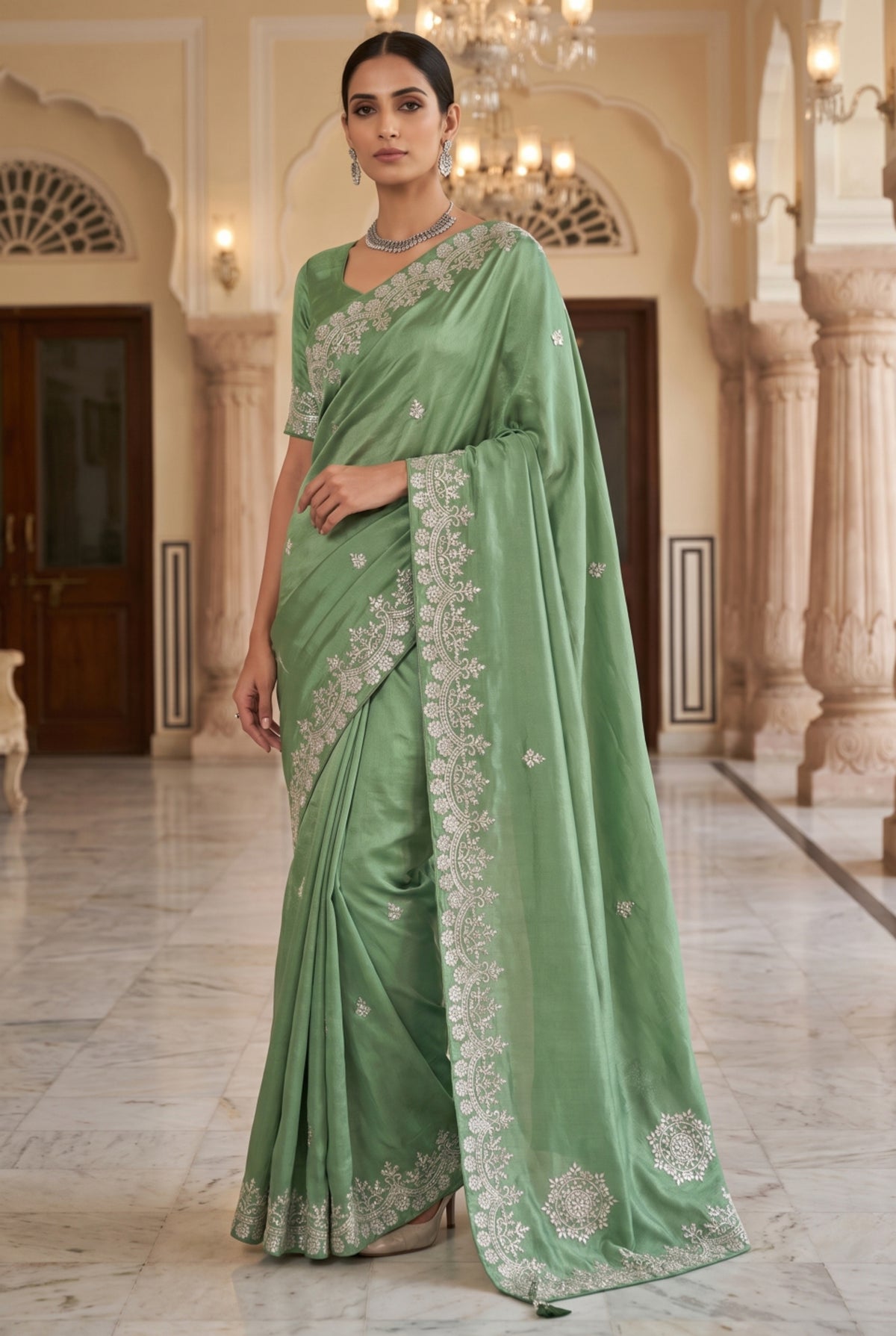 Pista Green Saree with Silver Floral Handwork