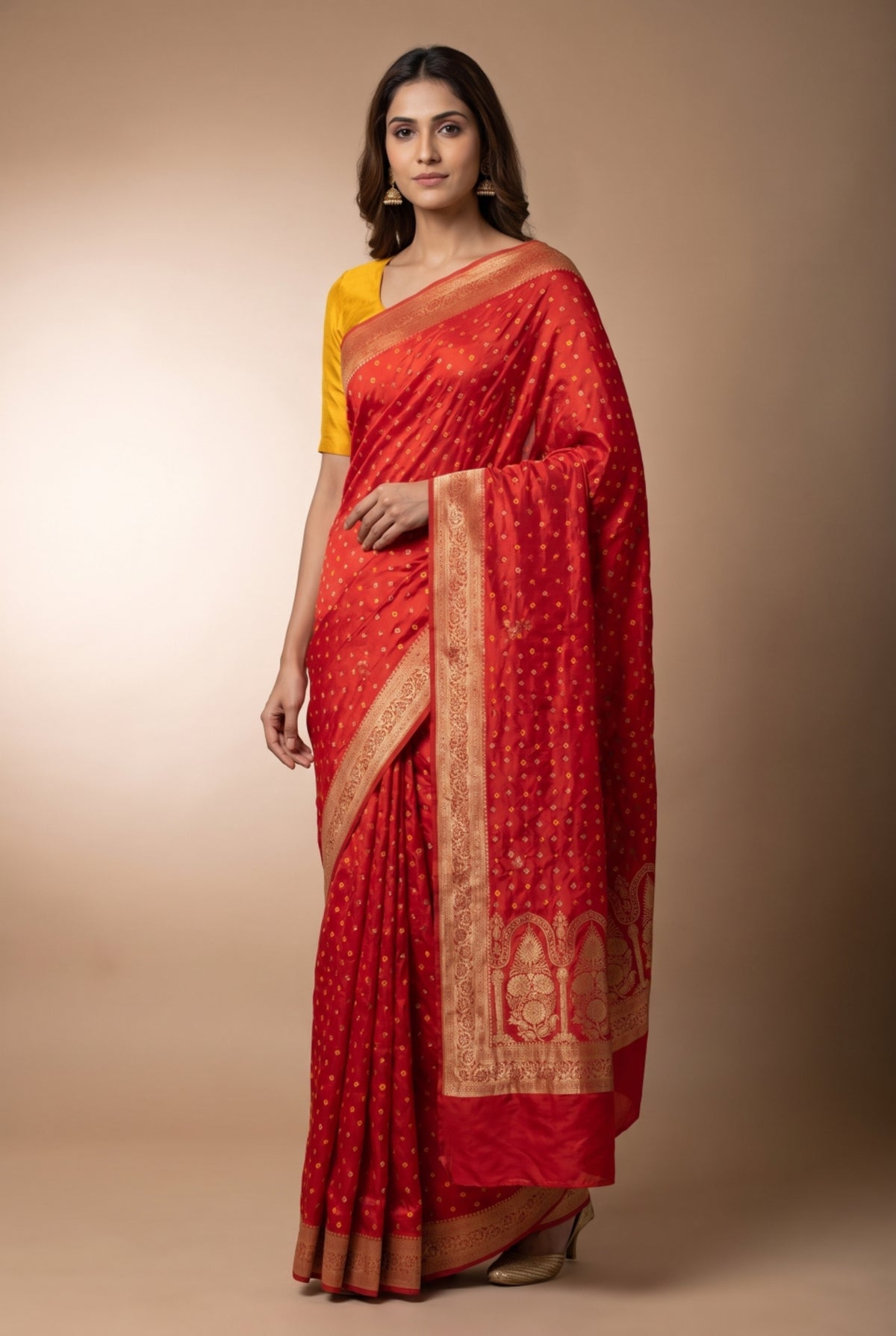 Red Bandhani Silk Saree with Gold Zari Arch Pallu