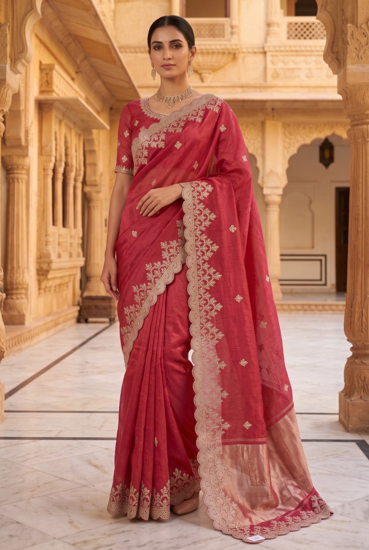 Saree with Hand-Embroidered Scalloped Floral Border