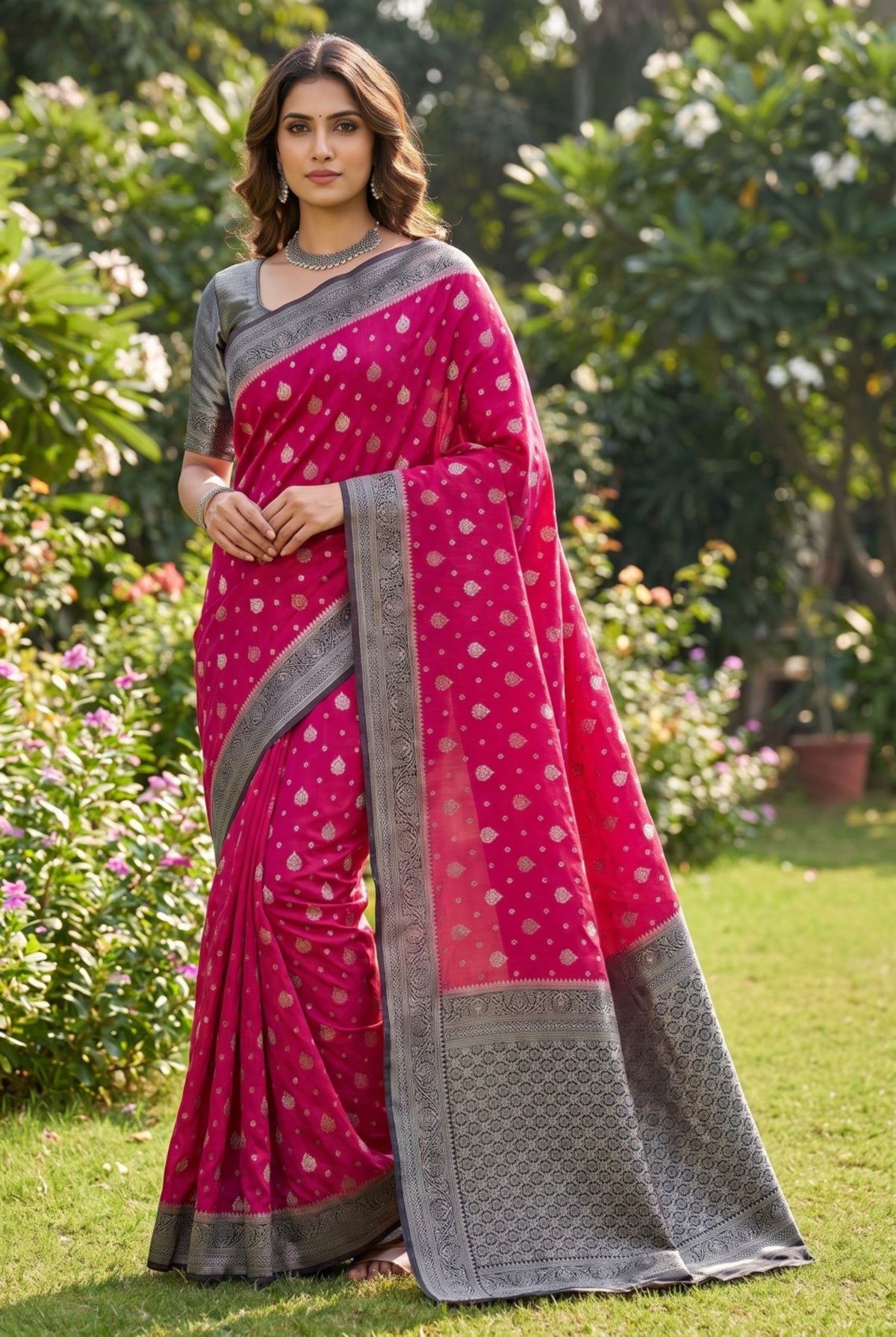 Rani Pink Saree with Silver Zari Booti Weaving