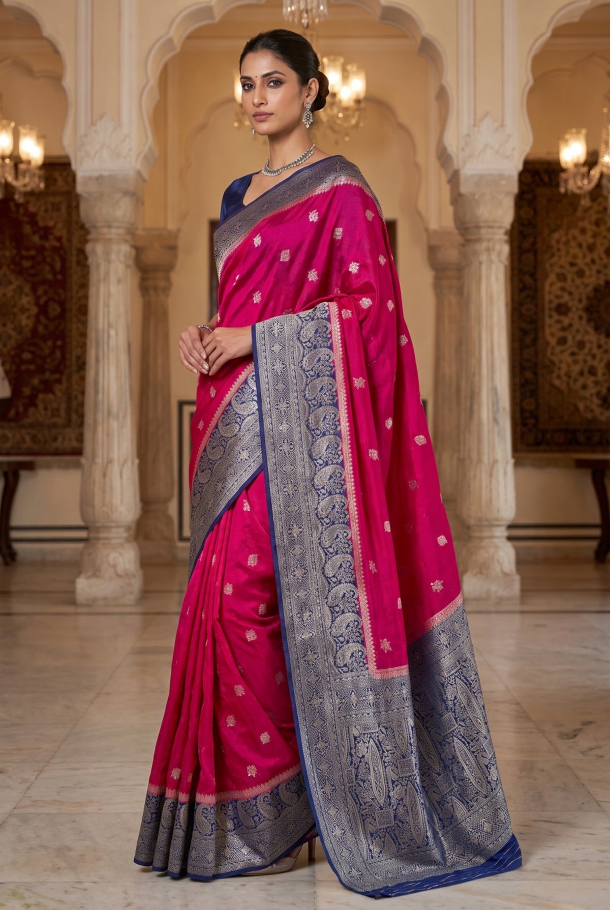 Rani Pink Saree with Contrast Navy Blue Zari Border