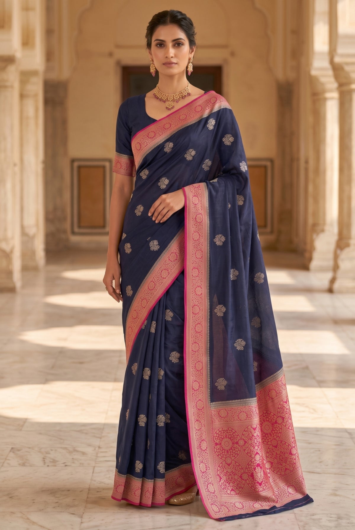 Navy Blue Saree with Contrast Pink Zari Border