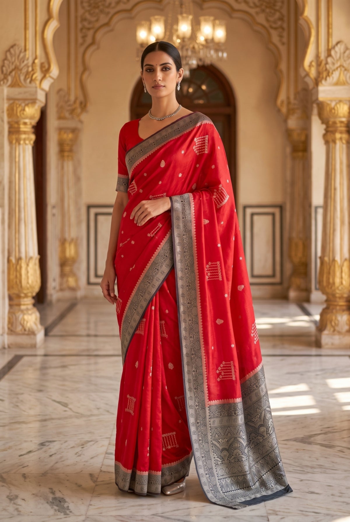 Red Saree with Contrast Grey Zari Border