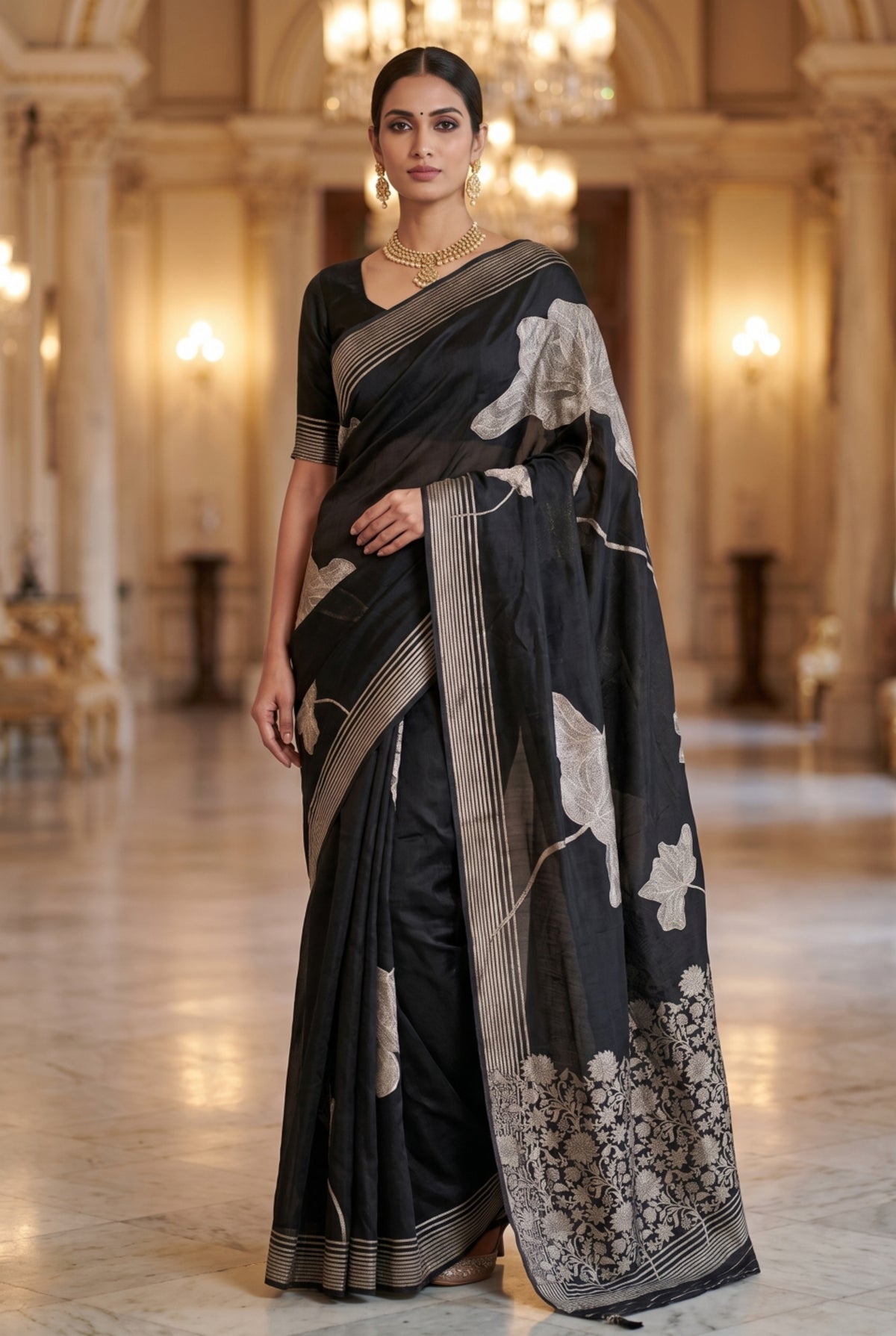 Black Saree with Silver Leaf Motif & Striped Border