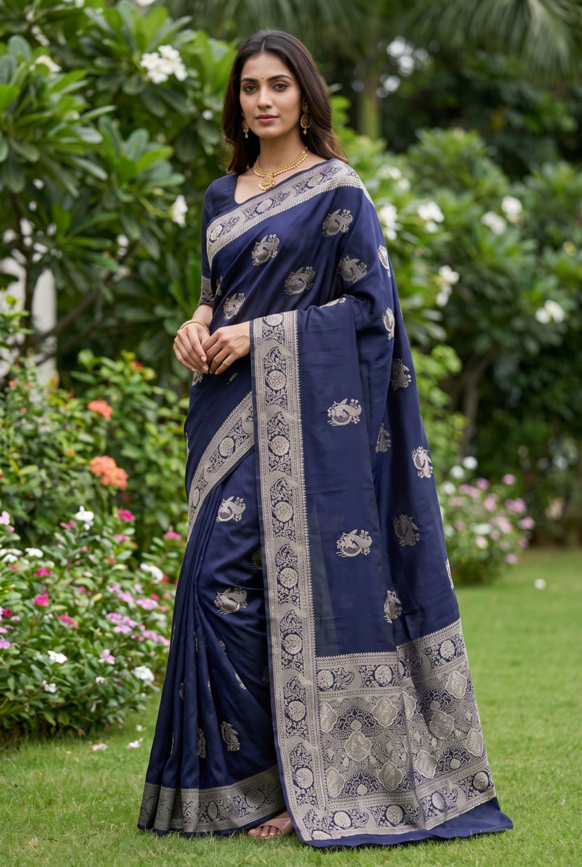 Banarasi Silk Saree with Silver Zari Peacock Motif Weaving