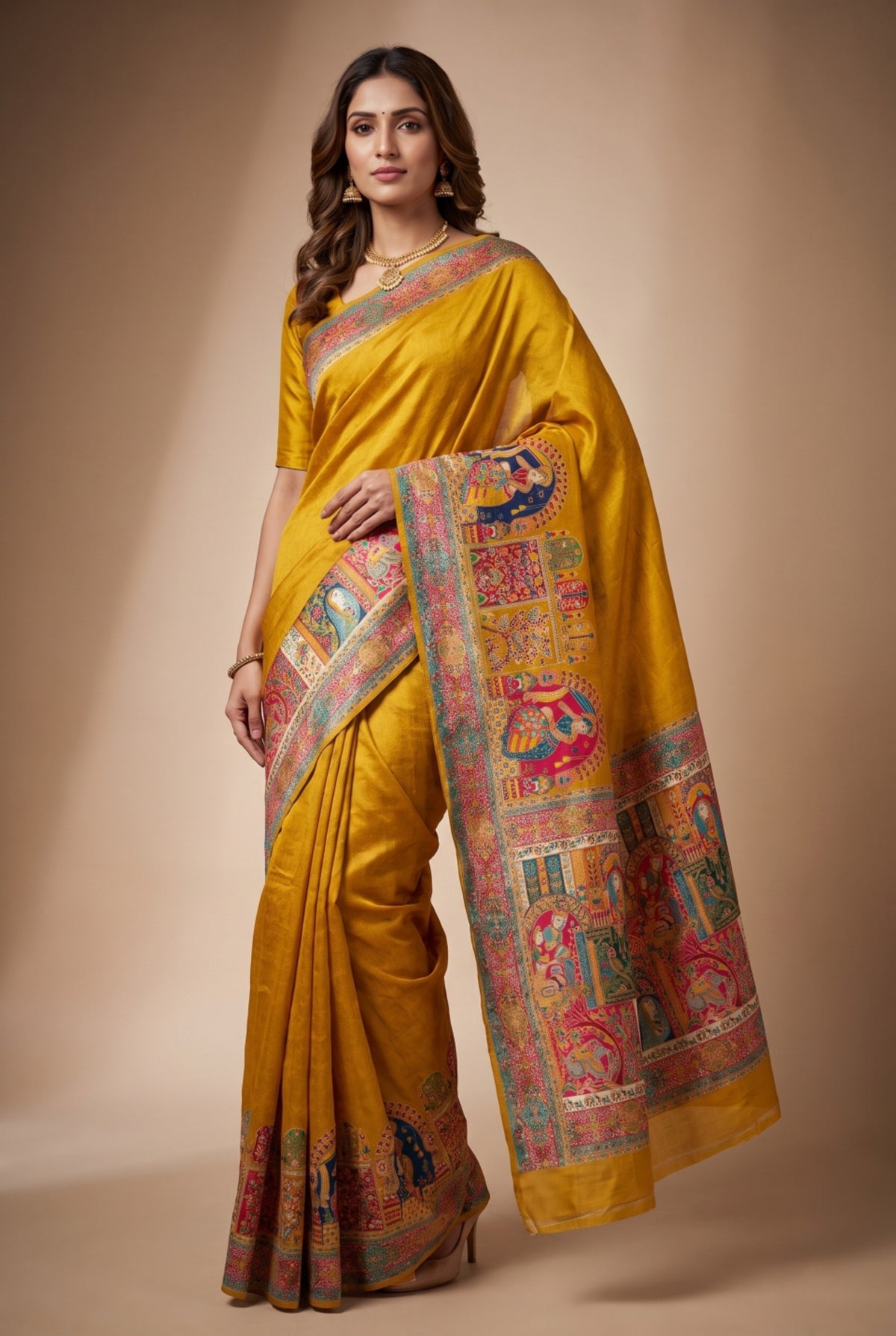 Position Print Saree with Multicolor Figurative Design