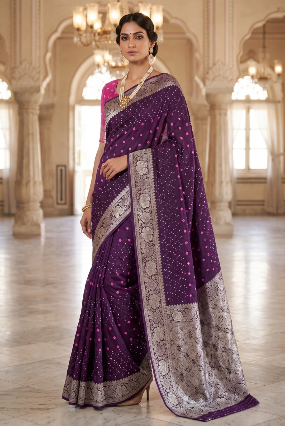 Wine Bandhani Silk Saree with Silver Zari Floral Border