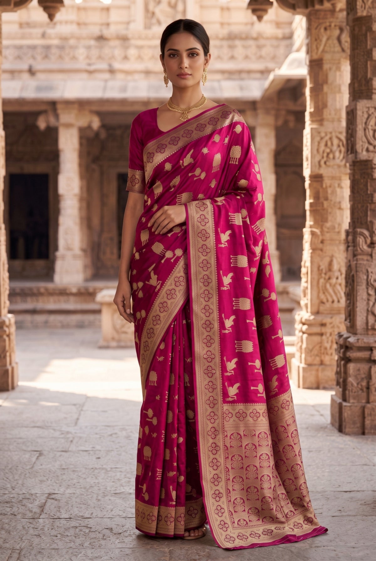 Banarasi Silk Saree with Bird & Tree Motif Weaving
