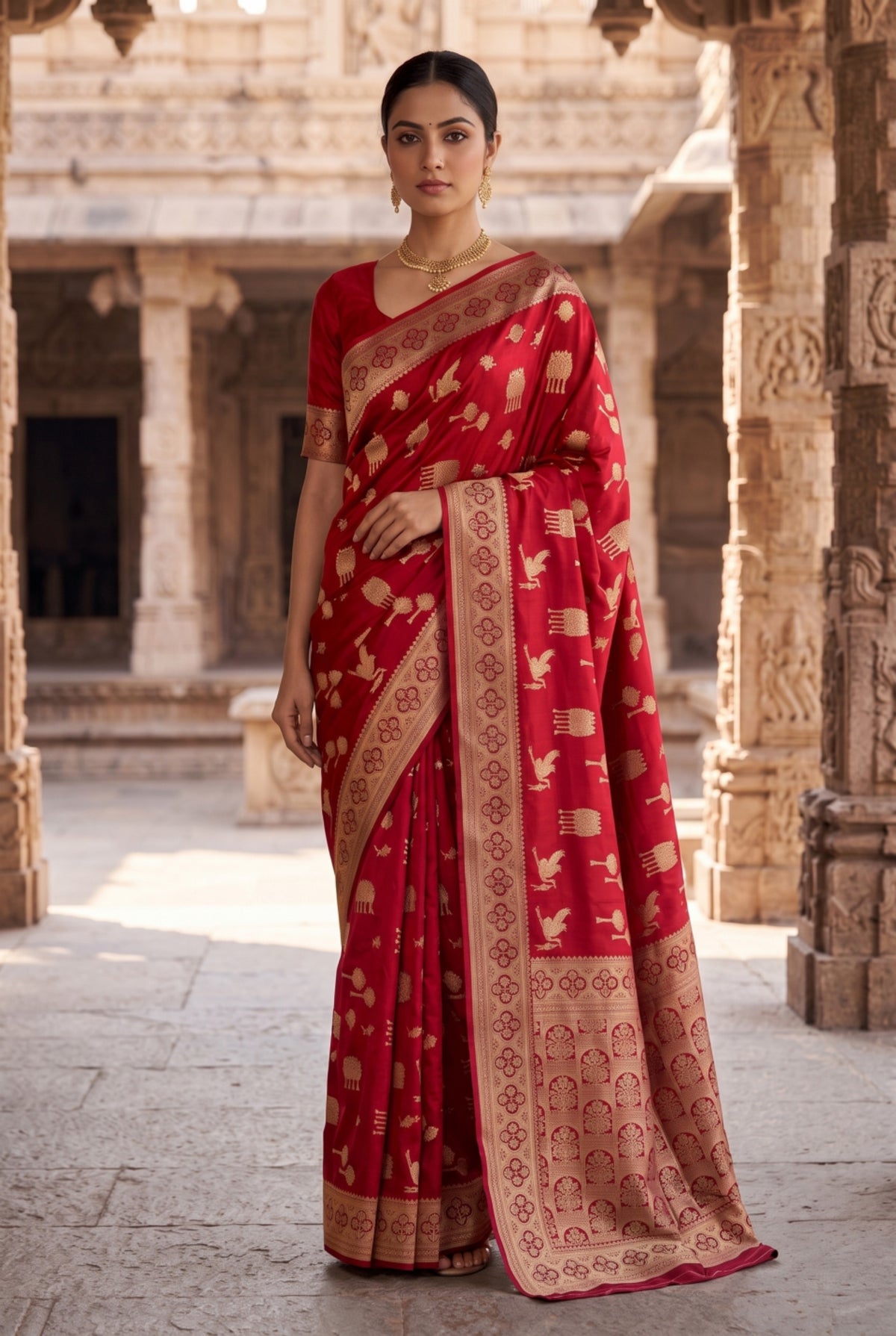 Banarasi Silk Saree with Bird & Tree Motif Weaving