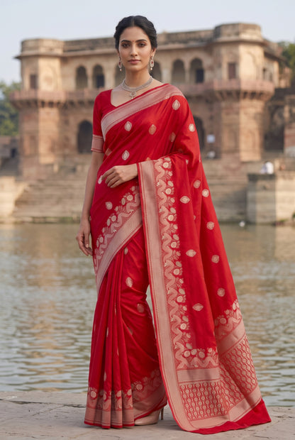 Banarasi Silk Saree with Silver Zari Wave & Floral Border