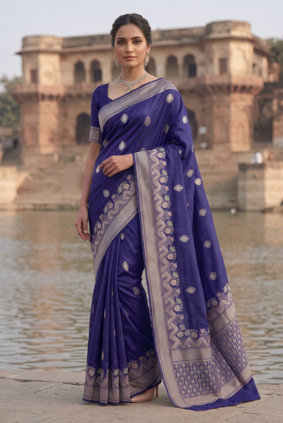 Banarasi Silk Saree with Silver Zari Wave & Floral Border