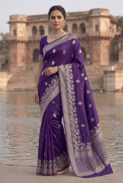 Banarasi Silk Saree with Silver Zari Wave & Floral Border