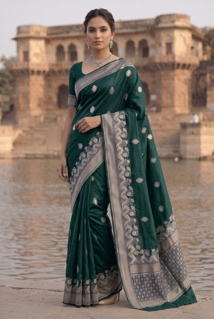 Banarasi Silk Saree with Silver Zari Wave & Floral Border