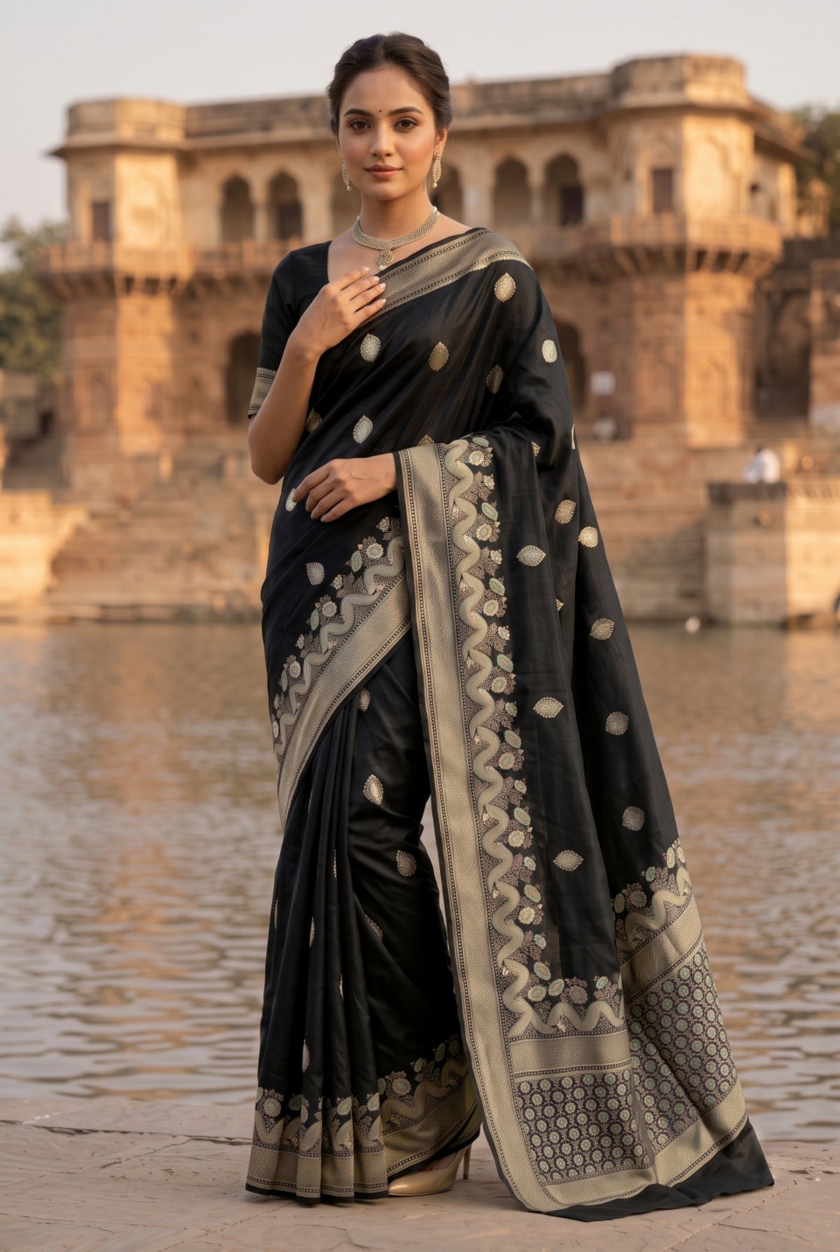 Banarasi Silk Saree with Silver Zari Wave & Floral Border