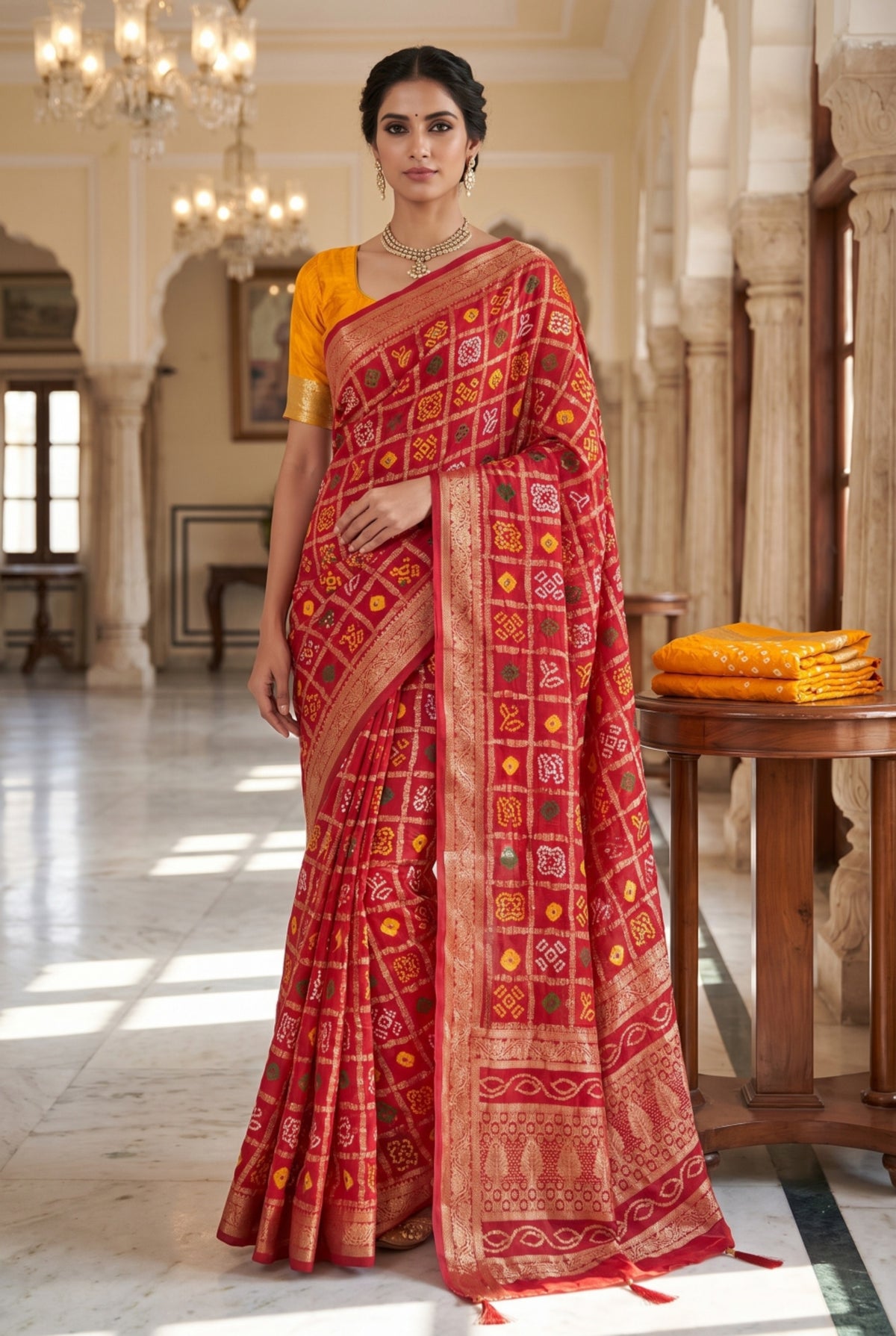 Red Bandhani Silk Saree with Gold Zari Weaving