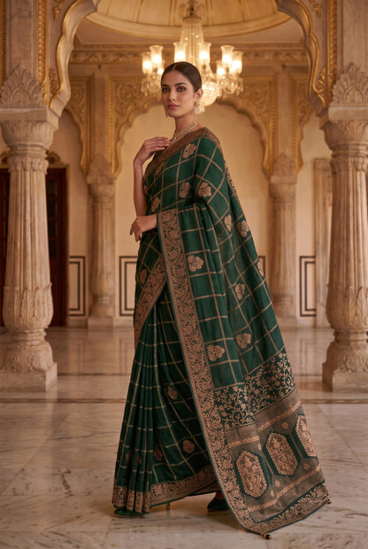 Saree with Hand-Embroidered Gold Zari Checkered Weaving