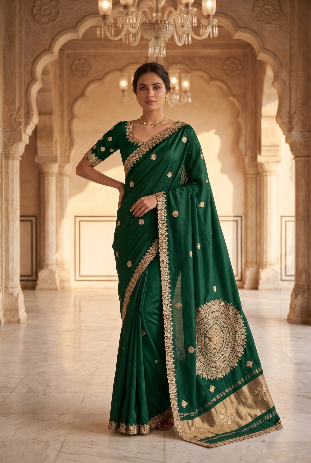 Saree with Hand-Embroidered Lace Border & Mandala Pallu