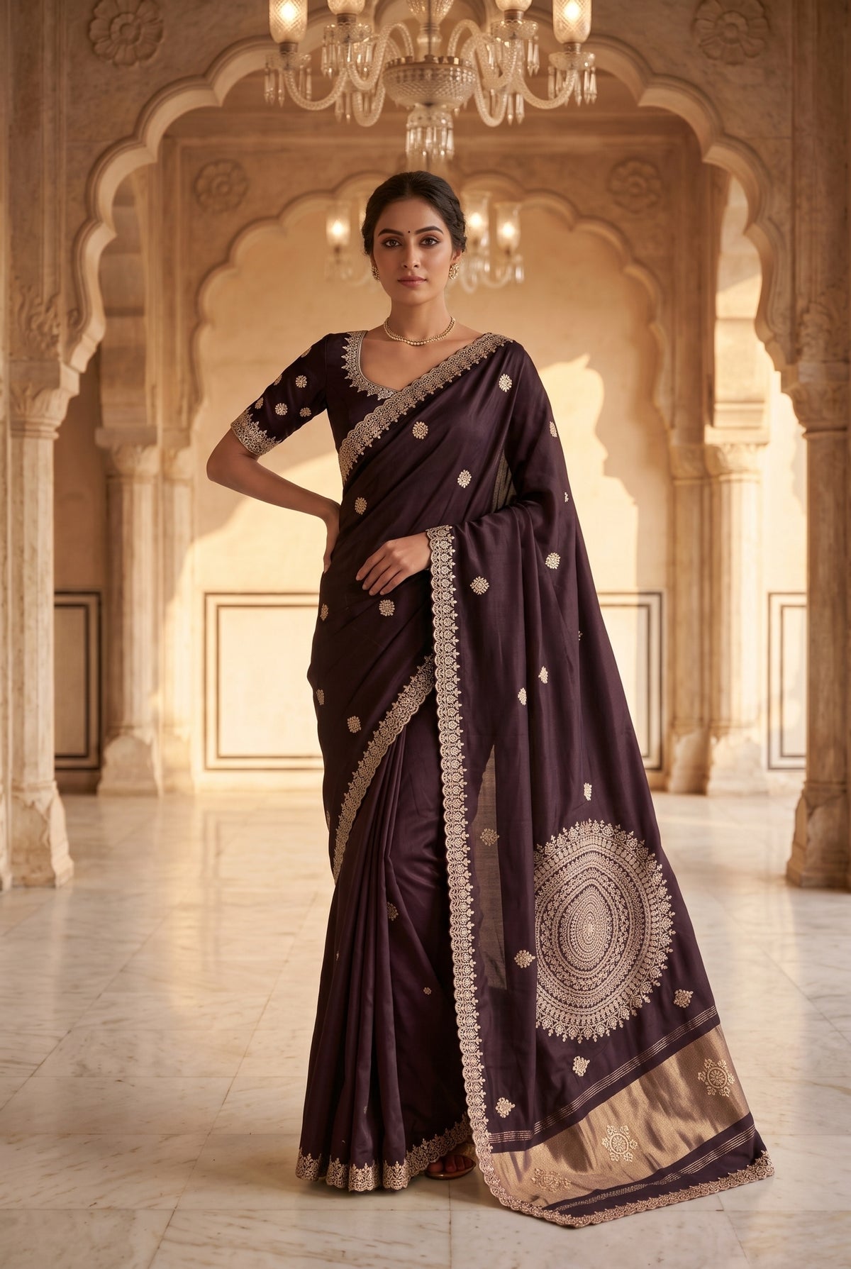 Saree with Hand-Embroidered Lace Border & Mandala Pallu