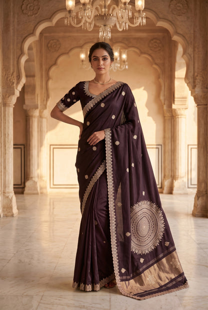 Saree with Hand-Embroidered Lace Border & Mandala Pallu