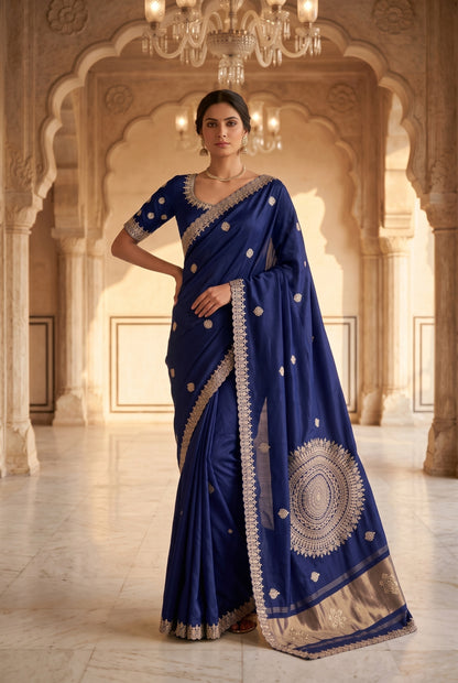 Saree with Hand-Embroidered Lace Border & Mandala Pallu