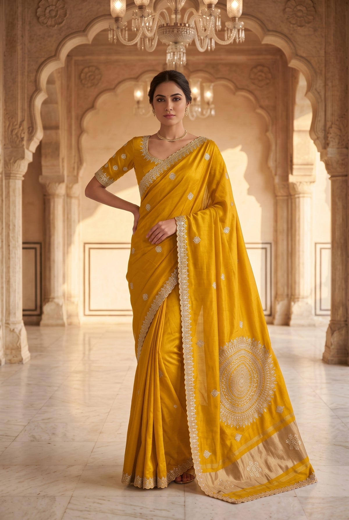 Saree with Hand-Embroidered Lace Border & Mandala Pallu