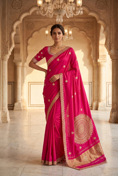 Saree with Hand-Embroidered Lace Border & Mandala Pallu