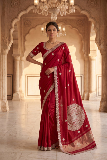 Saree with Hand-Embroidered Lace Border & Mandala Pallu