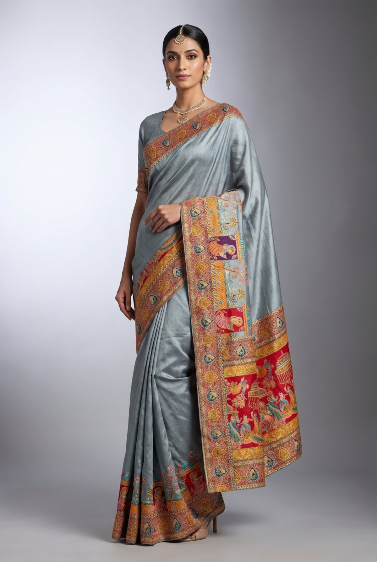 Position Print Saree with Multicolor Figurative Design