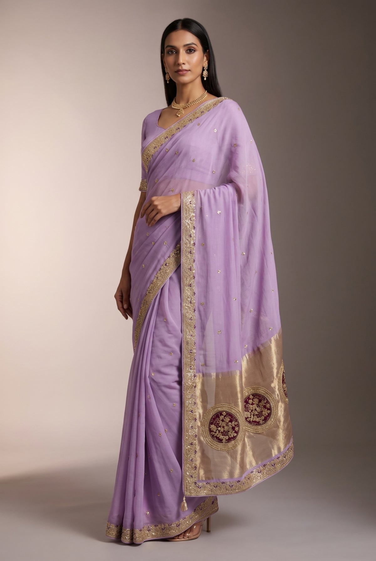 Saree with Gold Sequin Handwork & Medallion Pallu