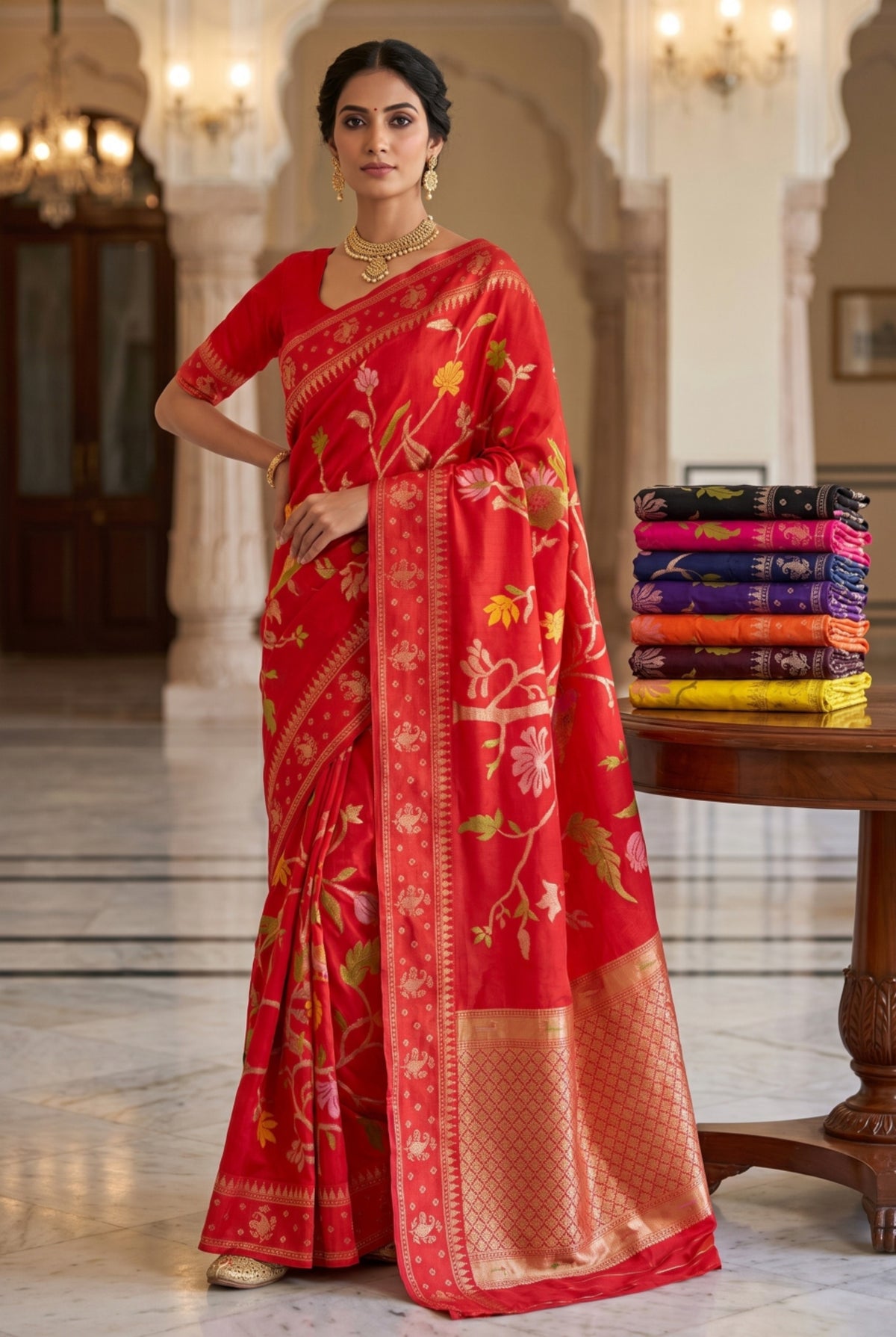 Mashru Silk Paithani Saree with Multicolor Floral Vine Weaving