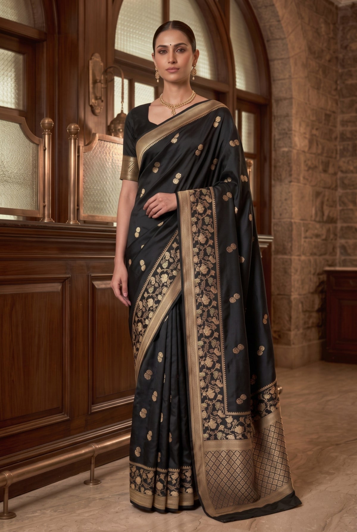 Banarasi Mashru Silk Saree with Gold Zari Weaving