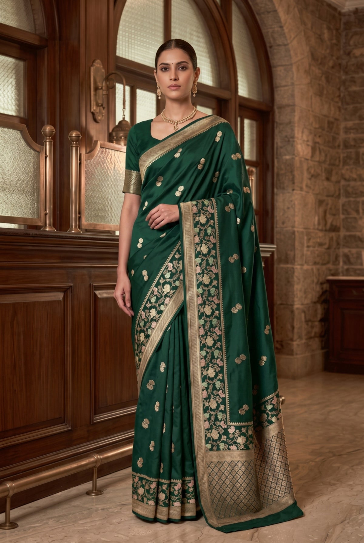 Banarasi Mashru Silk Saree with Gold Zari Weaving