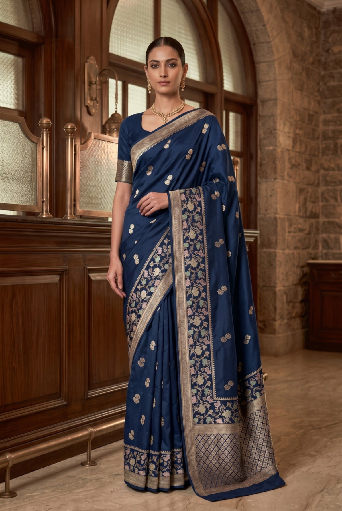 Banarasi Mashru Silk Saree with Gold Zari Weaving