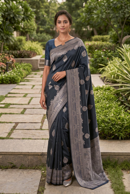 Banarasi Silk Saree with Silver Zari Leaf Motif Border