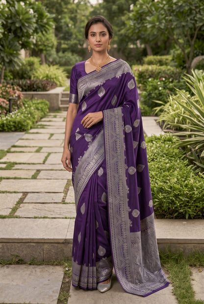Banarasi Silk Saree with Silver Zari Leaf Motif Border