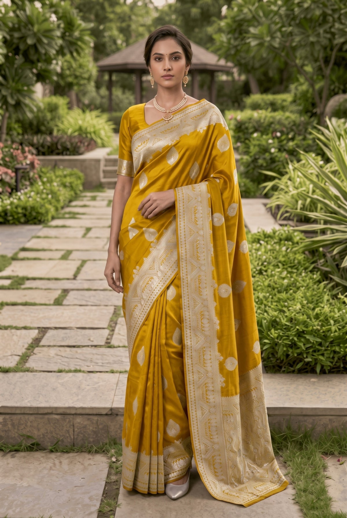 Banarasi Silk Saree with Silver Zari Leaf Motif Border