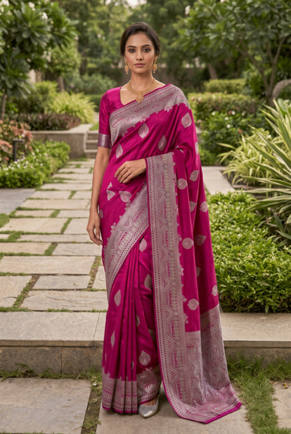 Banarasi Silk Saree with Silver Zari Leaf Motif Border