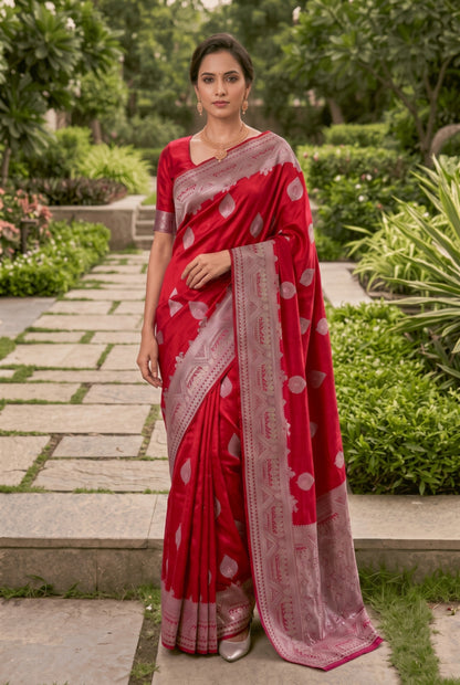 Banarasi Silk Saree with Silver Zari Leaf Motif Border