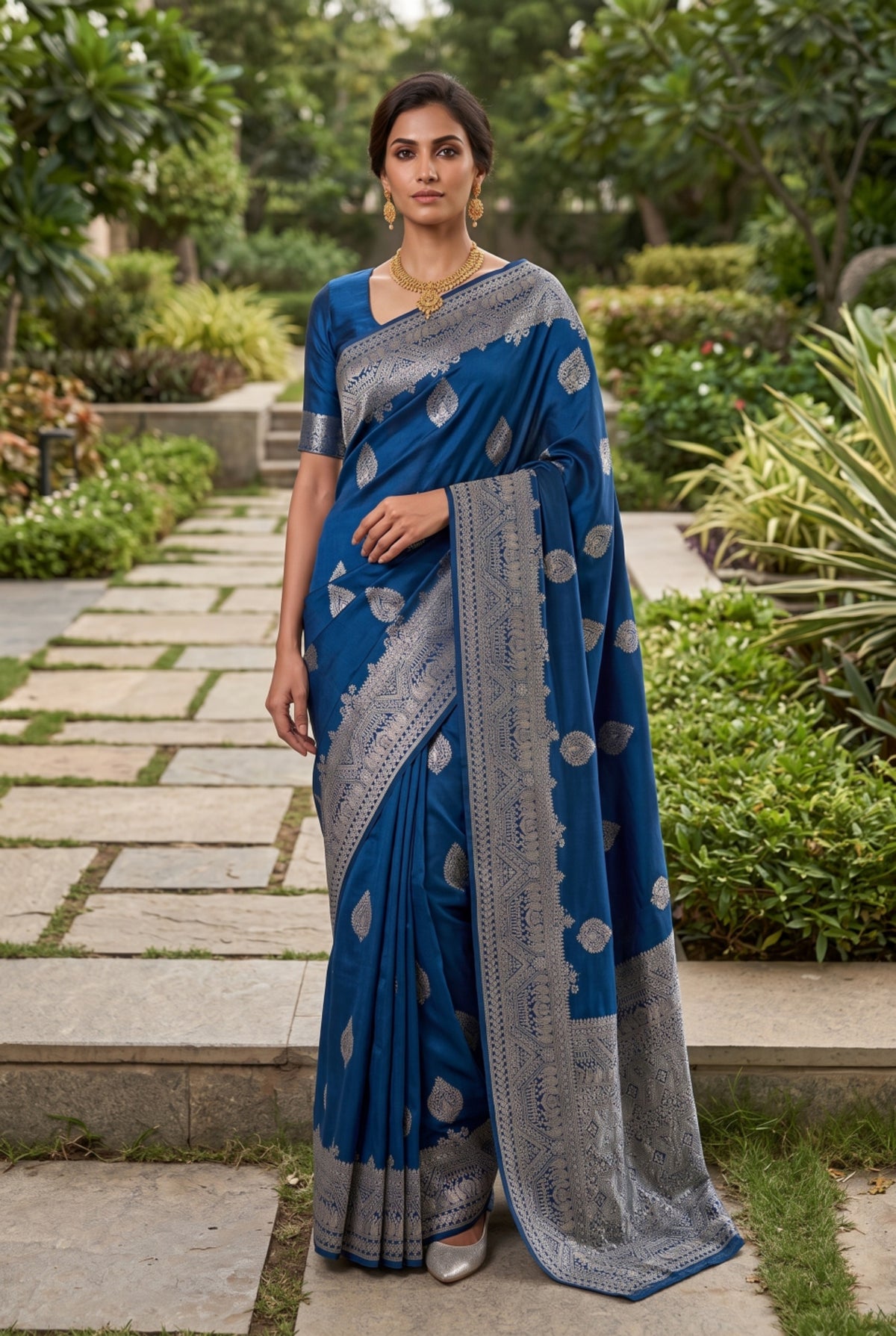 Banarasi Silk Saree with Silver Zari Leaf Motif Border