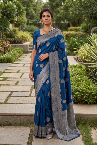 Banarasi Silk Saree with Silver Zari Leaf Motif Border