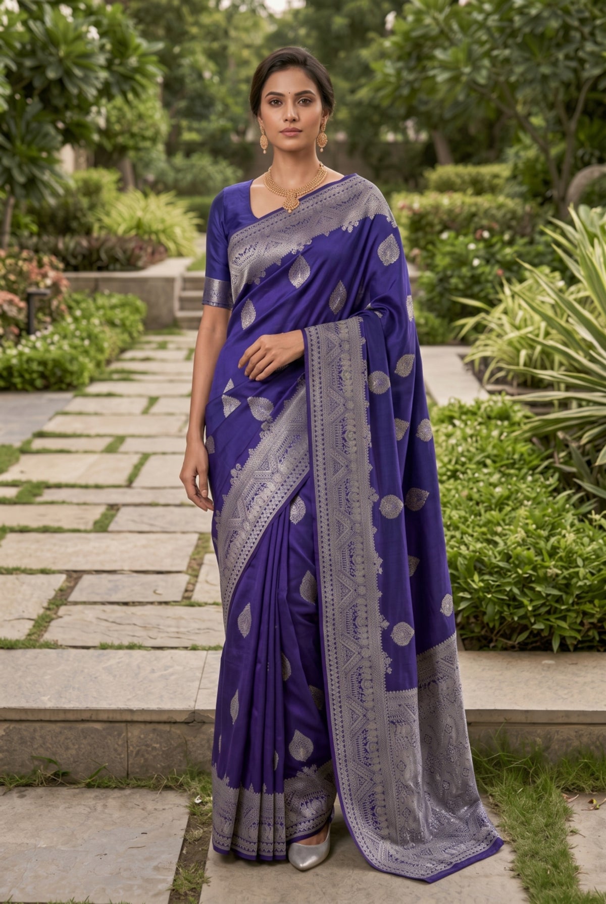 Banarasi Silk Saree with Silver Zari Leaf Motif Border