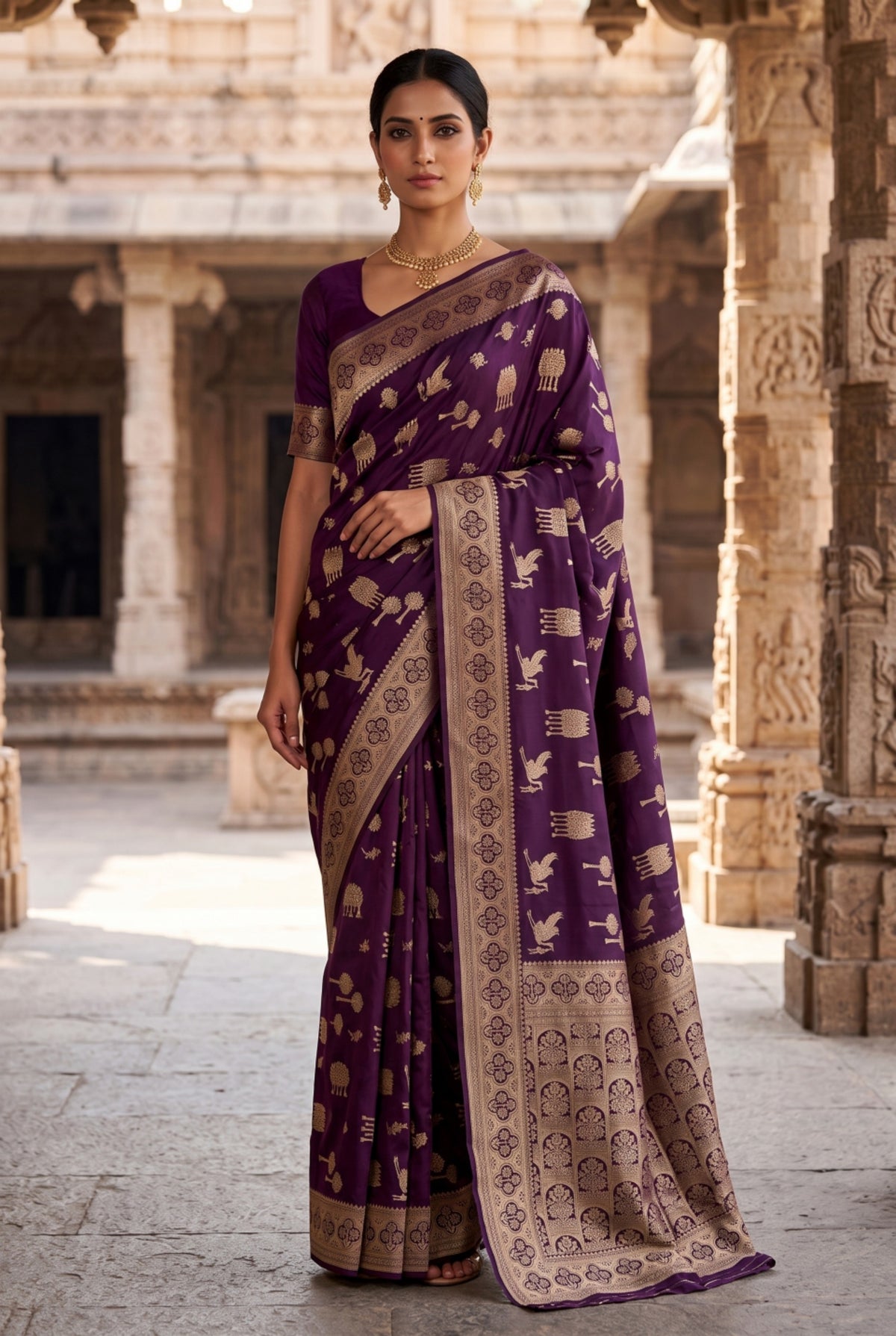 Banarasi Silk Saree with Bird & Tree Motif Weaving