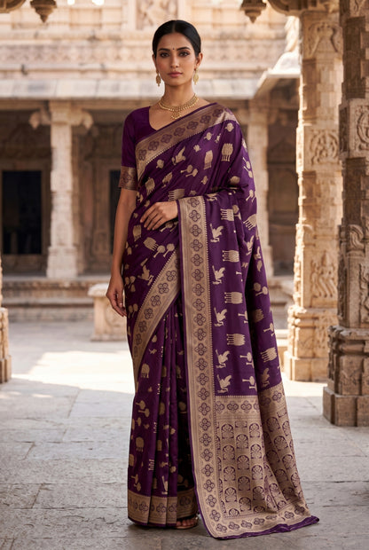 Banarasi Silk Saree with Bird & Tree Motif Weaving