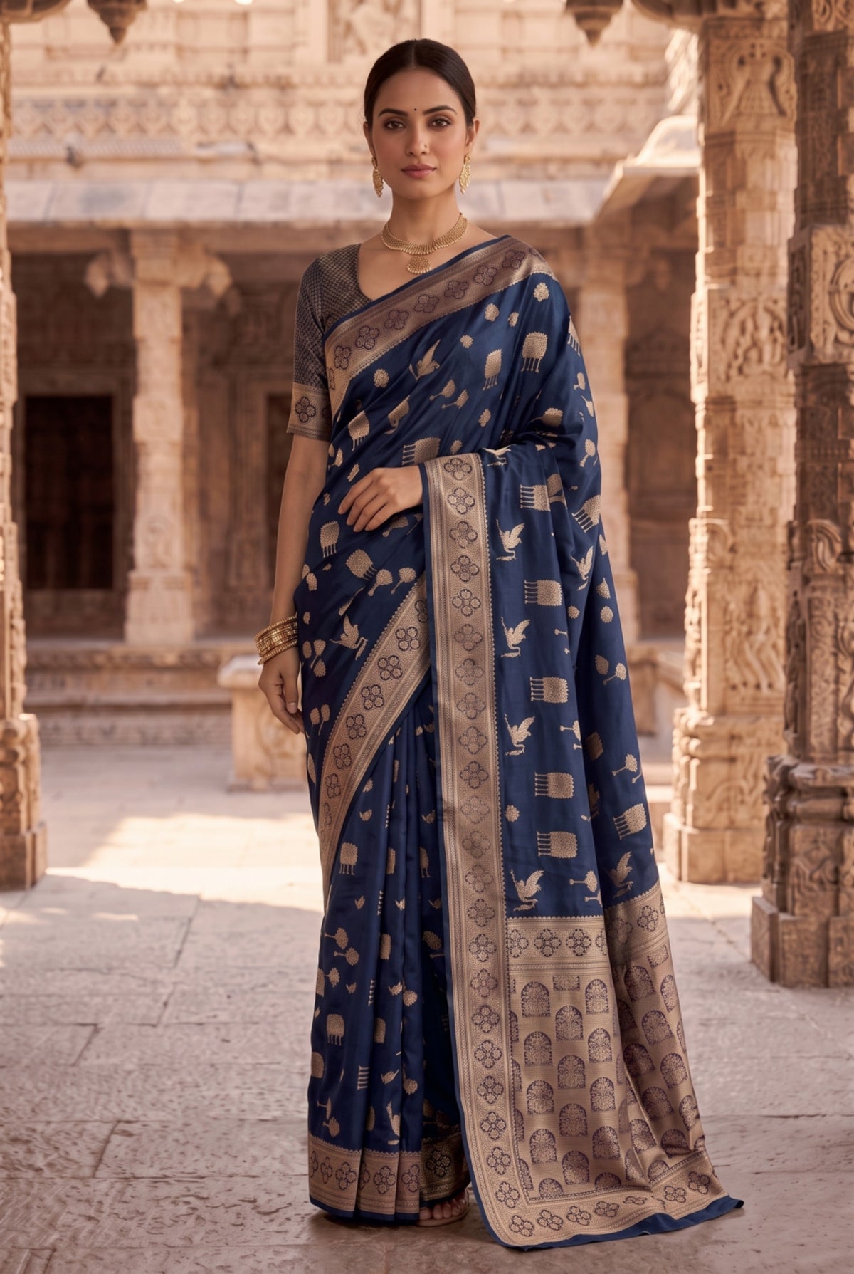 Banarasi Silk Saree with Bird & Tree Motif Weaving